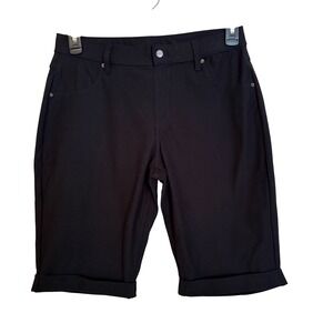 HUE Womens Cuffed Essential Denim Shorts Black Bermuda Stretch Size L NWT